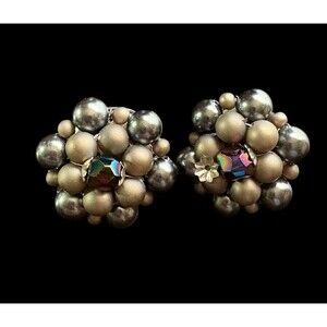 Beaded Cluster Clip On Earrings Faux Pearl Gray Taupe Statement Jewelry